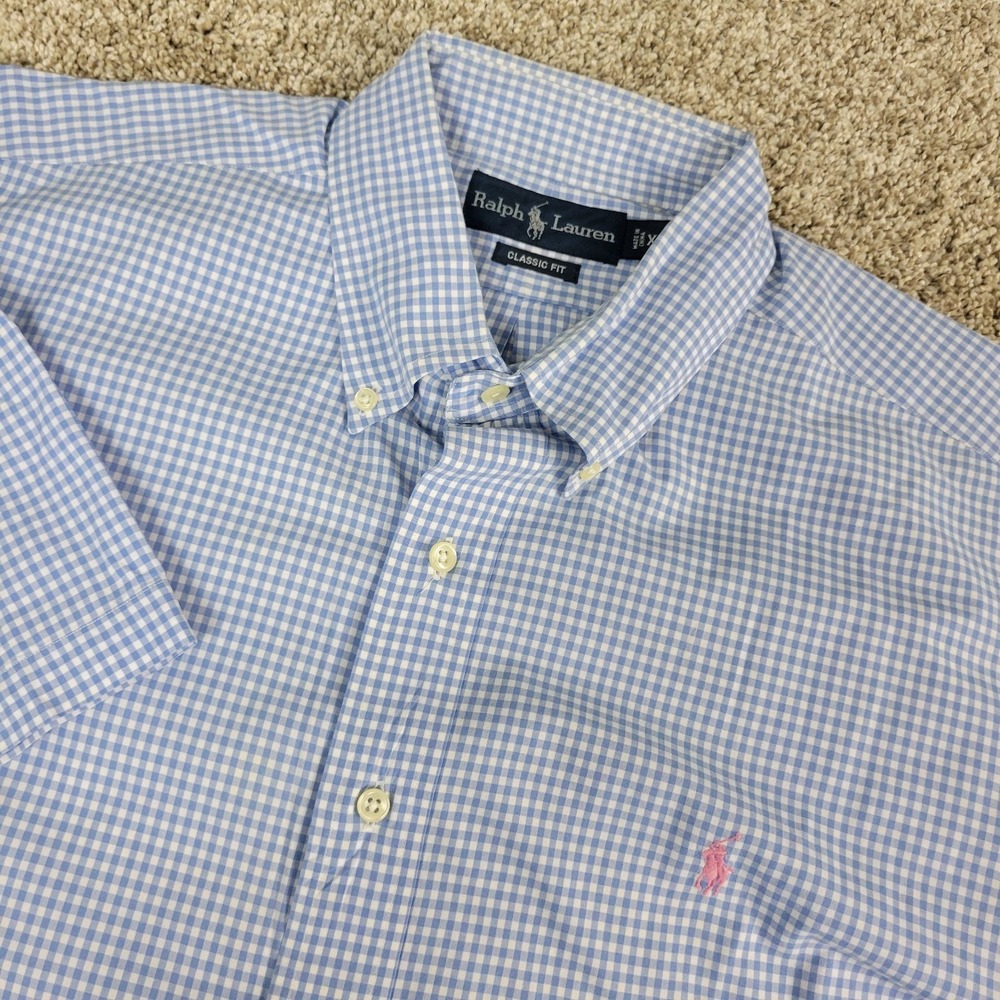 Vintage‎ Ralph Lauren Classic Mens XL Blue White Gingham Check Pony Button Down
